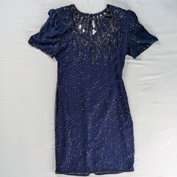 VTG Blue Silver Silk Beaded Short Sleeve Detailed Neckline Formal Evening Dress - Picture 1 of 7